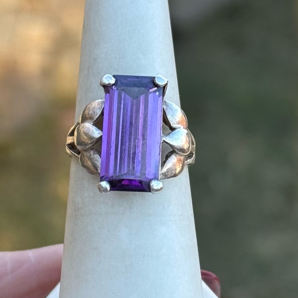 925 Rectangular Baguette Cut Amethyst Ring - image 1